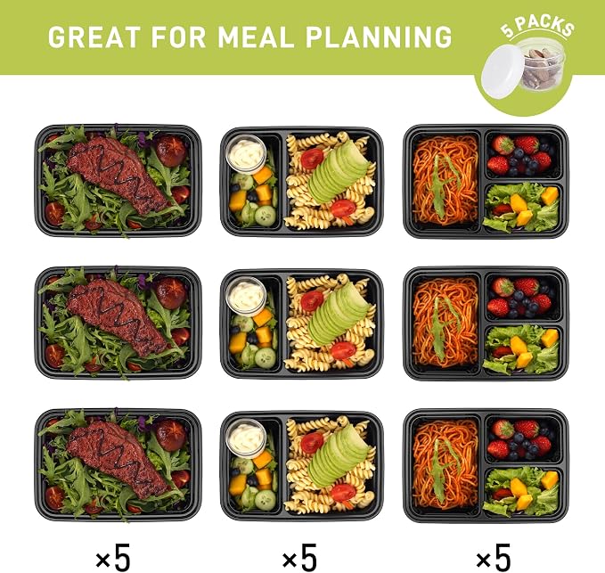 LISI 100-Piece Meal Prep Containers, 33oz Large Food Storage Containers with lids with 1, 2, 3-Compartment, Freezer Safe To-Go/Take-Out Boxes, Includes 5-Pack 2oz Dressing Cups for Take Out
