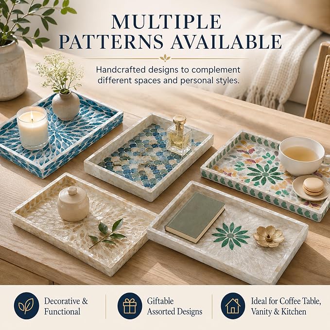 Mother of Pearl Inlay Wooden Tray – Handmade Decorative Rectangle Serving Tray for Coffee Table, Kitchen, Bathroom, Vanity or Living Room Decor, Nautical Fish