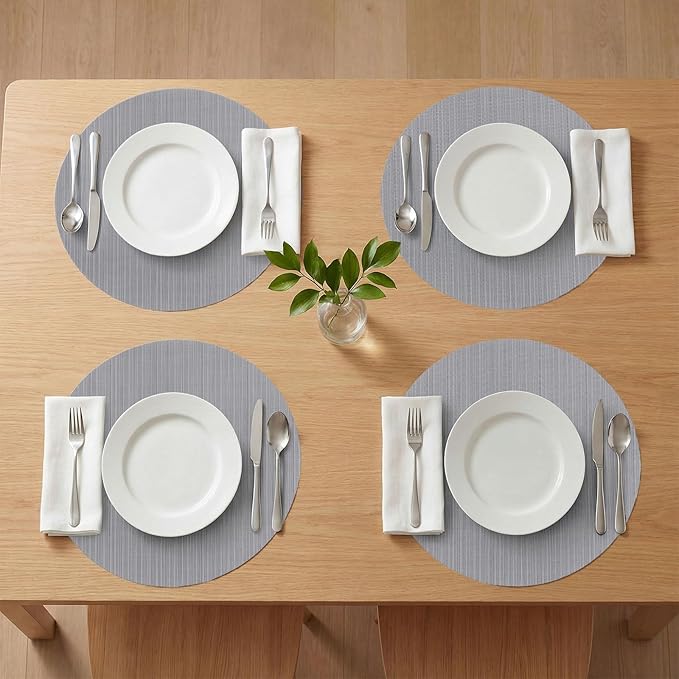 AHHFSMEI Round Placemats Set of 6 Woven Vinyl Non-Slip Heat Resistant Stain Resistant Easy Clean Place mats for Dining Table(Grey)