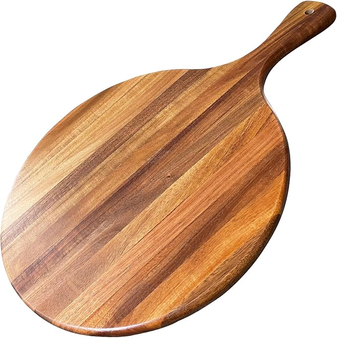 Acacia Wood Round Cutting Board with Handle - Wooden Charcuterie Board, Versatile Cutting Serving Board for Pizza, Bread, Cheese, Vegetables, and Kitchen Decor, 16"x12"