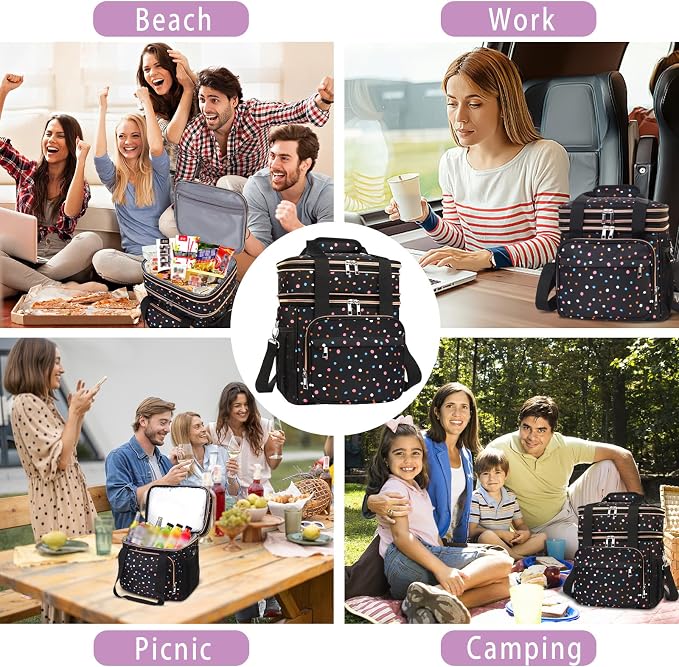 GLENKEY Tactical Lunch Box Cooler Bag - Expandable Insulated Lunch Bag for Men Women - Large Lunchbox for Adults Work Shifts Outdoor Trips Polka Dots 16L