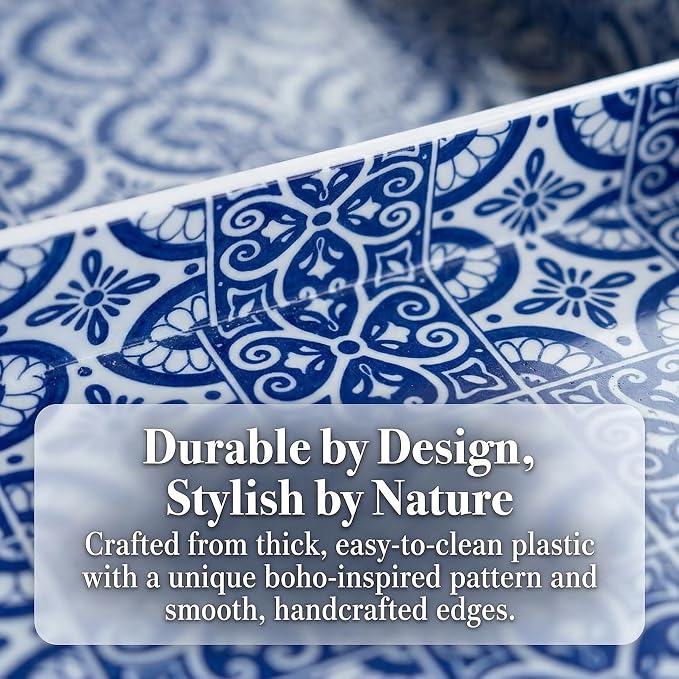 2 Pack Serving Tray with Handles, Rectangular Decorative Trays for Coffee Table, Modern Blue Plastic Ottoman Tray for Living Room, Bathroom, Kitchen, Decor, (Boho Blue)