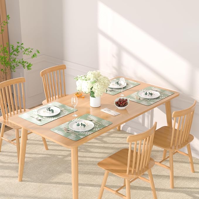 QiyI Placemats Set of 4, 12x18 Inch Faux Leather Place Mats for Kitchen Dinning, Heat Resistant Anti Slip Green White Table Mats, Waterproof Wipeable Washable Placemat Party Table Décor, Fern Leaves