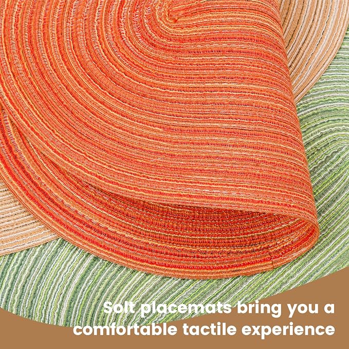 15'' Round Woven Placemats Set of 6, Natural Heat Resistant Washable Non-Slip Woven Table Mats -Orange