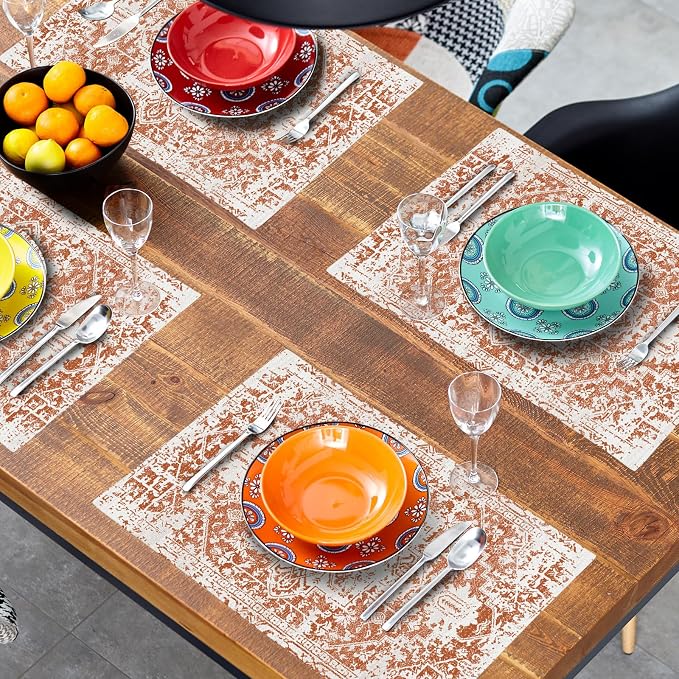 Gray Burnt Orange Boho Placemats Set of 4 Ethnic Bohemian Carpet Place Mats Washable Kitchen Dining Vintage Grey Geography Floral Linen Table Mats Stain Heat-Resistant for Home Party Indoor 12x18 in