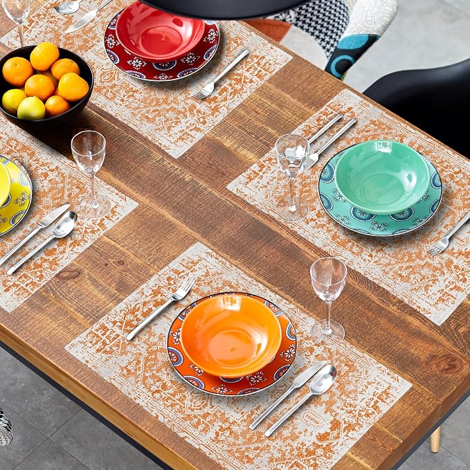 Gray Orange Boho Placemats Set of 4 Ethnic Bohemian Carpet Place Mats Washable Kitchen Dining Vintage Grey Geography Floral Linen Table Mats Stain Heat-Resistant Cloth Tabel for Home Party 12x18 in