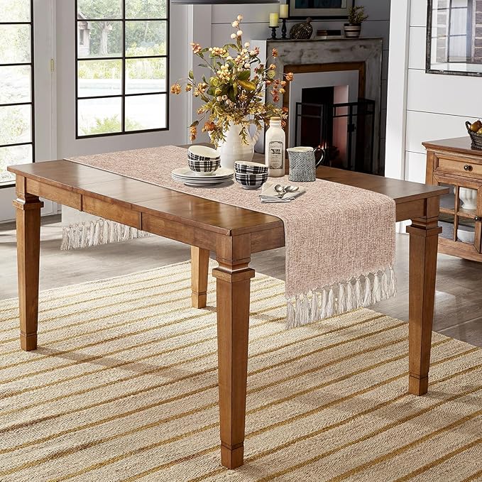 yuboo Boho Table Runner 48 Inches - Neutral Coffee Table Runner for Living Room, Spring Mother‘s Day Decor, Small Round Dining Table, Dresser Scarves (55" with Tassels)