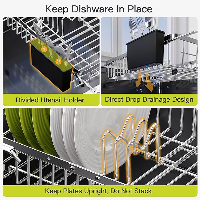 JASIWAY Expandable Stainless Steel Dish Drying Rack Over The Sink For Small Kitchen, Counter Space Saving Compact Plate Drainer Strainer, Adjustable Hanging Metal Dish Dryer Holder with Utensil Holder