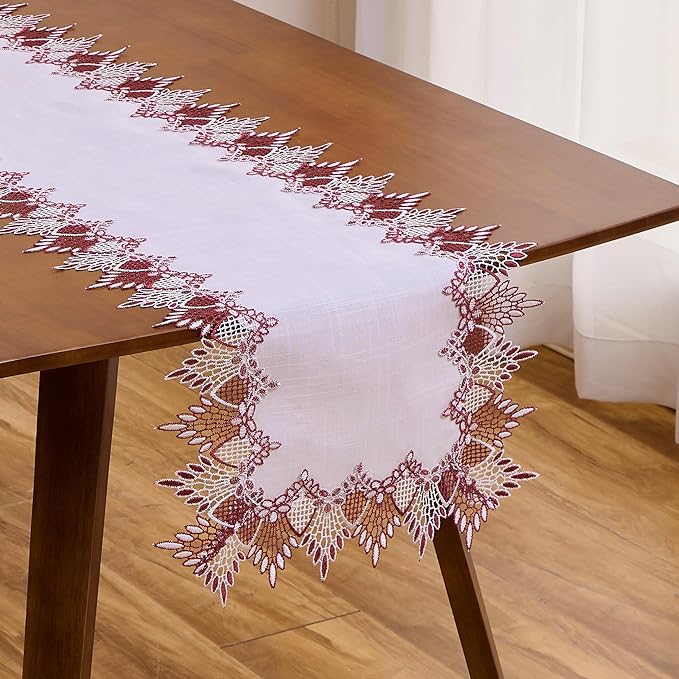 White Dark Red Jacquard Lace Table Runner 60 inches Long, Claret Dresser Scarf Table Topper for Christmas Kitchen Coffee Table Wedding Party Home Decor (Dark Red, 16”x60”)