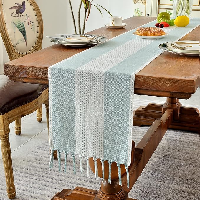 Wracra Linen Table Runner, Farmhouse Macrame Table Runners 108 Inches Long for Dining Table Decor, Wedding, Party and Dresser Decor (Aqua Blue,108")