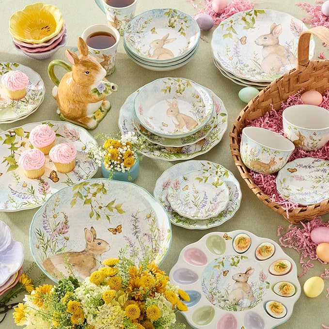 Easter Meadow 16 oz Ceramic Mugs,Set of 4 – Whimsical Bunny & Floral Design, Perfect for Easter Decor & Spring Tablescape – Perfect for coffee, tea, lattes, hot chocolate. Microwave & Dishwasher Safe