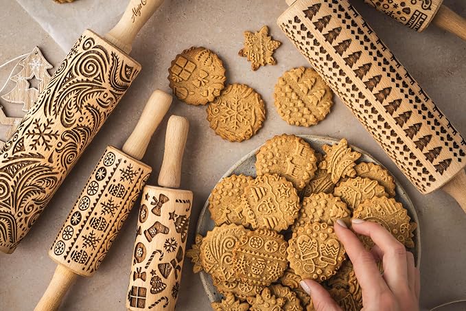 CHRISTMAS TILES Embossing Rolling Pin. Laser Engraved Dough Roller for Embossing Homemade Christmas Cookies by Algis Crafts