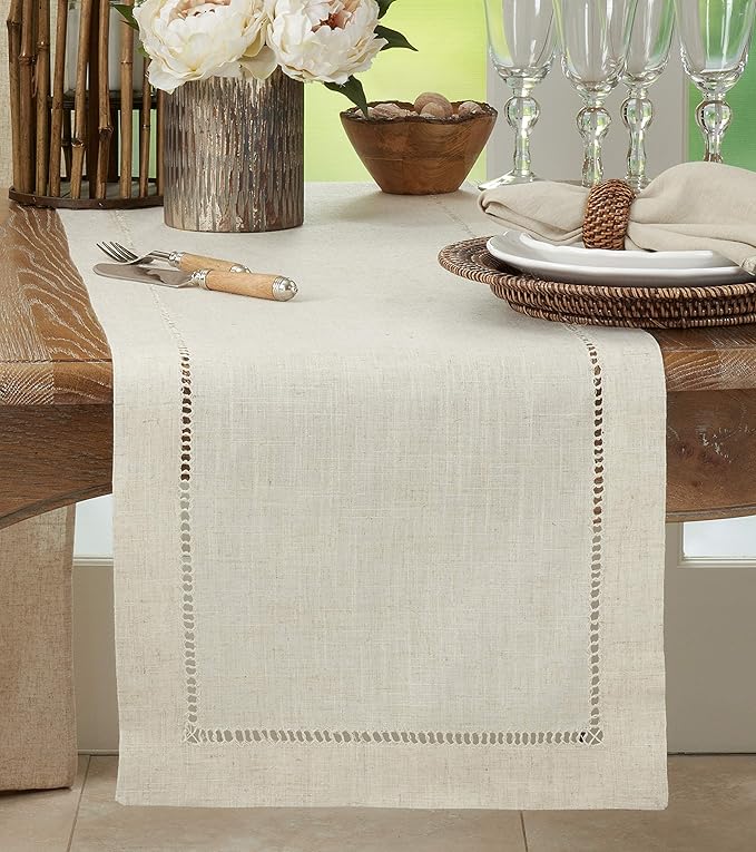 Saro Lifestyle Poly and Linen Blend Hemstitched Table Runner with Hemstitch Border, 16"x45", Natural