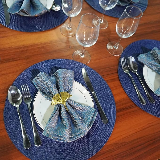 Round Braided Placemats Set of 6 Washable Easy to Clean Place Mats for Dining Tables Woven Non-Slip Heat Resistant Table Mats 15 Inch (Dark Blue)