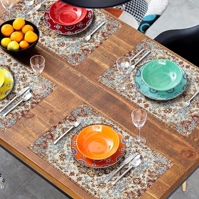 Ethnic Boho Placemats Set of 6 Southwest Brown Blue Carpet Woven Texture Linen Washable Kitchen Dining Table Mats Stain Heat-Resistant Desktop Decor Place Mats for Home Party Indoor 12x18 in