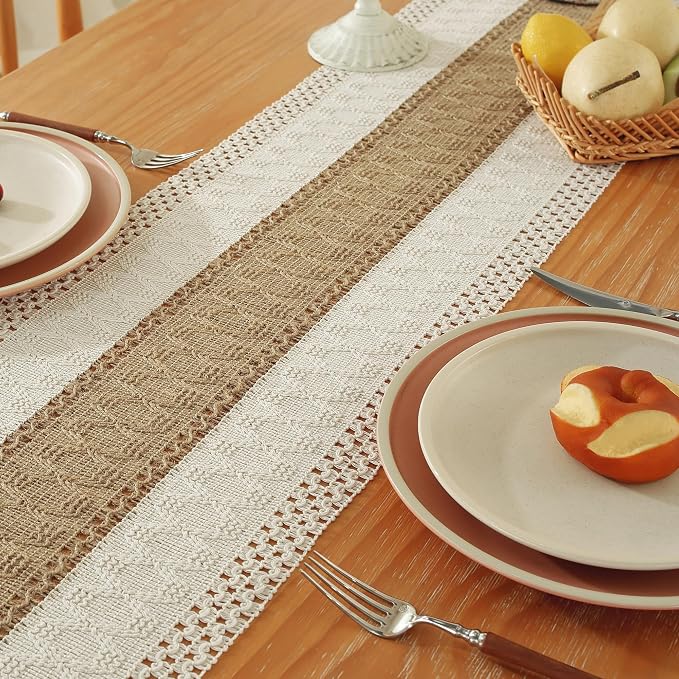 Niviy Boho Table Runner for Brown White Tassel Home Decor 90 Inches Long, Modern Farmhouse Decor Rustic Macrame Cotton Linen Woven Coffee Table Runners for Dining Table Decoration