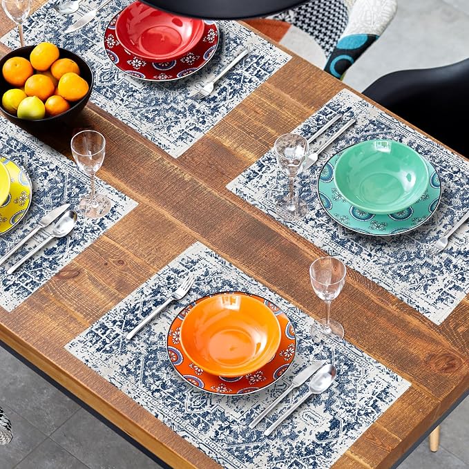 Navy Blue Gray Boho Placemats Set of 6 Ethnic Bohemian Carpet Place Mats Washable Kitchen Dining Vintage Grey Geography Floral Linen Table Mats Stain Heat-Resistant for Home Party Indoor 12x18 in