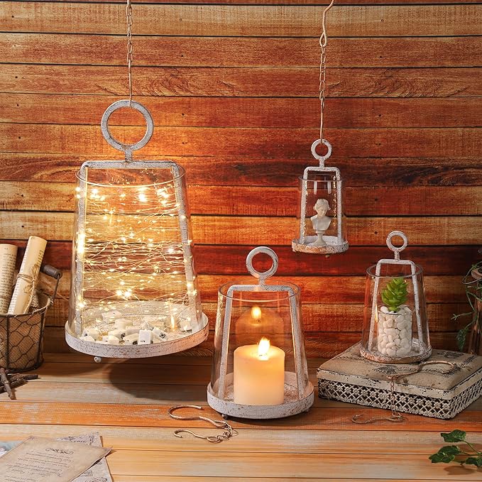 6" Wide Modern Farmhouse Metal Hurricane Candle Holder with Handmade Sturdy Glass Sleeve in Vintage White for Pillar Candle & Plants, Glass Hurricane Lantern, Industrial, Minimalistic