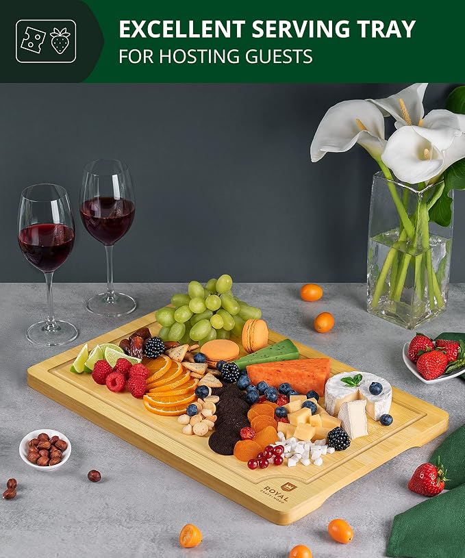 ROYAL CRAFT WOOD Bamboo Cutting Board with Juice Groove - Kitchen Chopping Board for Meat Cheese and Vegetables, Heavy Duty Serving Tray