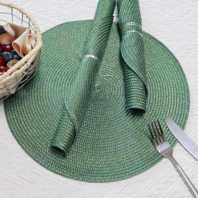 Winknowl 15 Inch Round Braided Placemats Set of 6, Washable Cotton Polyester Table Mats, Heat Resistant Non-Slip Place Mats for Kitchen Dining Table Decor (Olive,6pcs)
