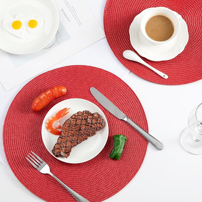Round Placemats, Crossweave Heat Resistant Classic Woven Round Place Mats Diameter 13.5 inch for Kitchen Table Set of 6 (Red)