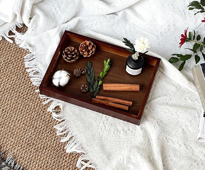 Serving Tray with Handles - 11.4x7.8 Inch Rectangular Bamboo Tray | Multi-Purpose Decorative & Food Tray for Organizing, Serving and Entertaining for Kitchen, Coffee Table & Ottoman