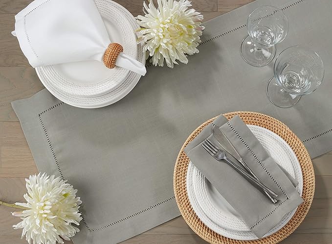SARO LIFESTYLE Hemstitched Border Table Runner, Grey, 16"x54"