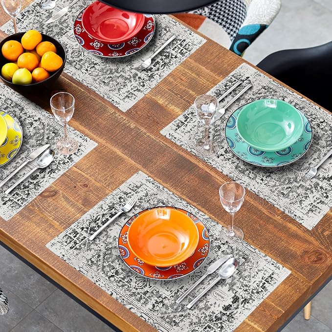 Gray Black Boho Placemats Set of 4 Ethnic Bohemian Carpet Place Mats Washable Kitchen Dining Vintage Grey Geography Floral Linen Table Mats Stain Heat-Resistant Cloth Tabel for Home Party 12x18 in