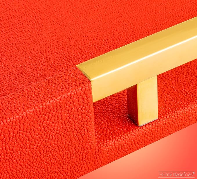Modern Elegant 17.5"x12" Rectangle Red Shagreen Faux Leather Decorative Tray Ottoman Coffee Table Perfume Living Room Kitchen Serving Tray with Gold Polished Metal Handles by Home Redefined