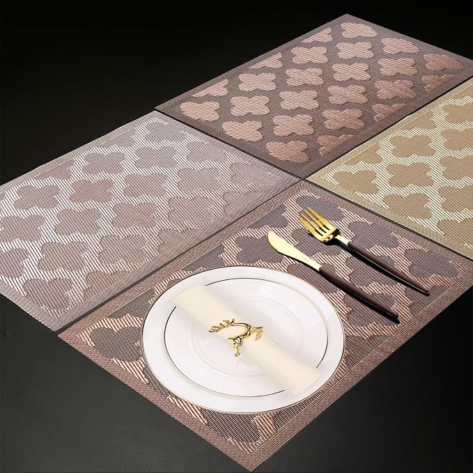 Elegant Placemats Vinyl Woven Heat-Resistant Placemats Set of 4 Washable Easy to Clean Table Mats for Dining Room and Decorate (Champagne)