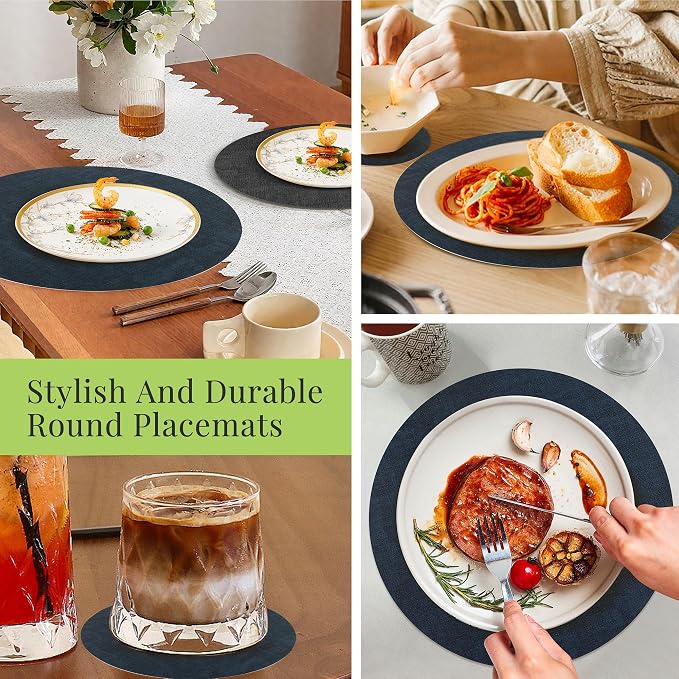 13-Inch Faux Leather Round Placemats Set of 6, Waterproof Anti-Slip Dual Sided Place mats, Heat Resistant Washable Table Mats with Coaster, Suitable for Indoor & Outdoor (6, Black Navy Blue)