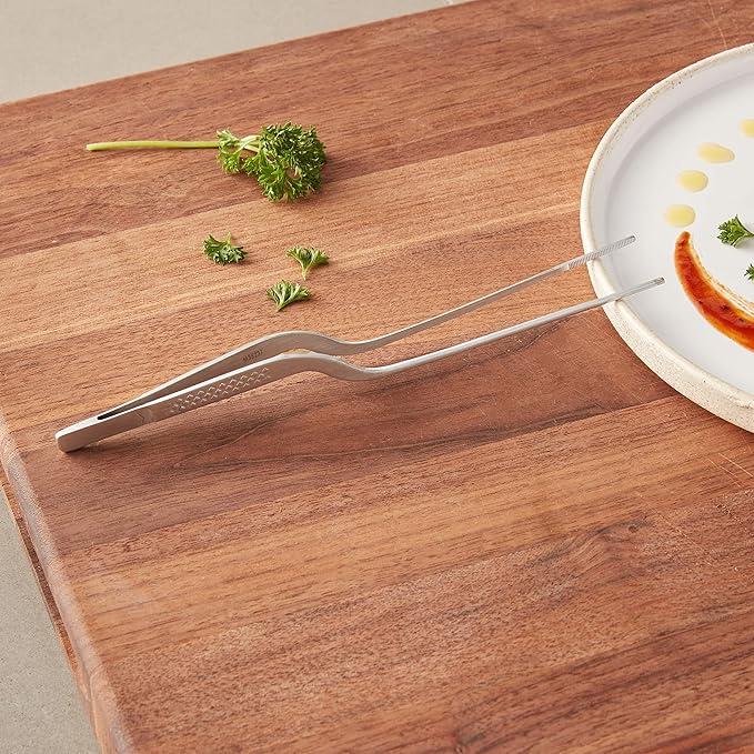 Mercer Culinary 18-8 Stainless Steel Precision Plus Chef Plating Tong, Offset, 7-7/8 Inch