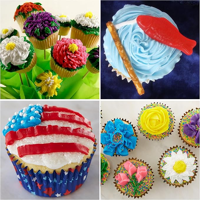 Cake Mate Decorating Bags and Tips Set – 12 Disposable 12-Inch Piping Bags with 8 Metal Tips for Cake, Cupcake, and Cookie Decorating – Includes Round, Star, Leaf, Petal, and Ruffle Designs