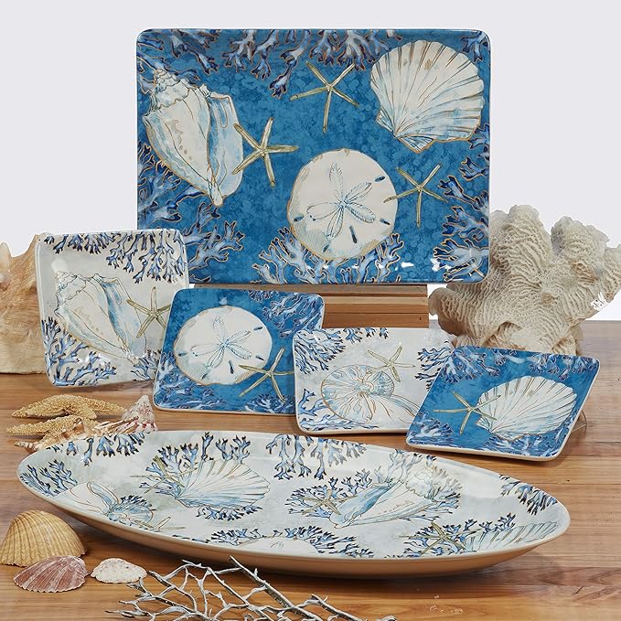 Playa Shells Coastal Ceramic Mugs 18 oz, Set of 4 – Ocean-Themed Coffee Tea Cocoa Cups with Shell & Coral Art – Perfect for Beach House, Nautical Decor, Gifting, Everyday Use, or Hot Beverages