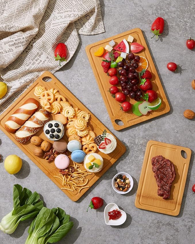 Garvee Bamboo Cutting Board Set of 3 - cutting board set with Handle, Bamboo Cutting Boards for Kitchen, Heavy Duty chopping board with deep juicy groove 15x10, 12x8, 9x6 inch