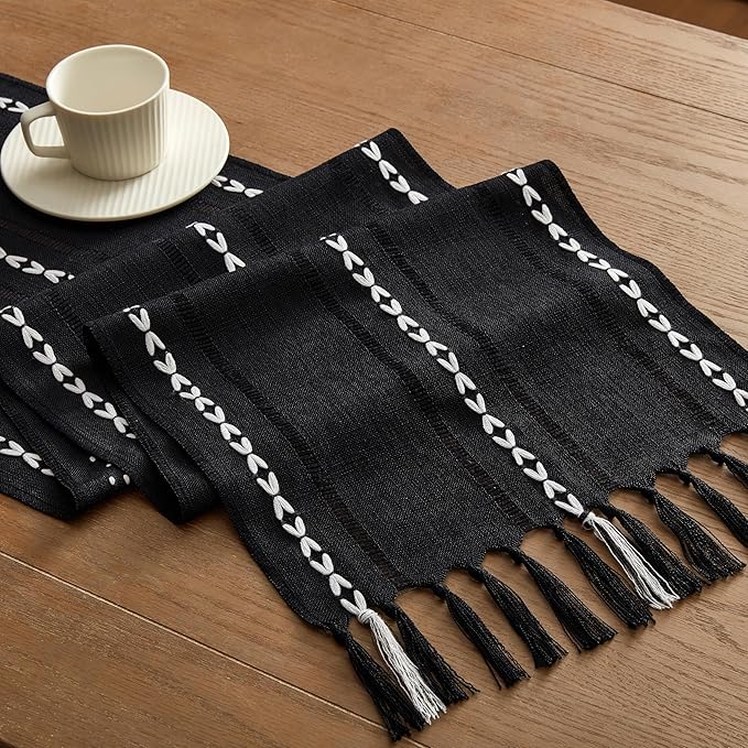 Hemstitched Farmhouse Table Runner, Black 13x72 Inch, Cotton Linen Table Runners 72 Inches Long, Embroidered Striped Orange Boho Table Runner Rustic Home Decor