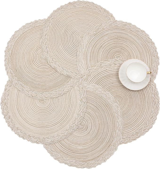 SHACOS Round Placemats Set of 4 Boho Braided Border 15 inch Circle Place Mats Washable Fabric Table Mats for Kitchen Dining Table, Ivory