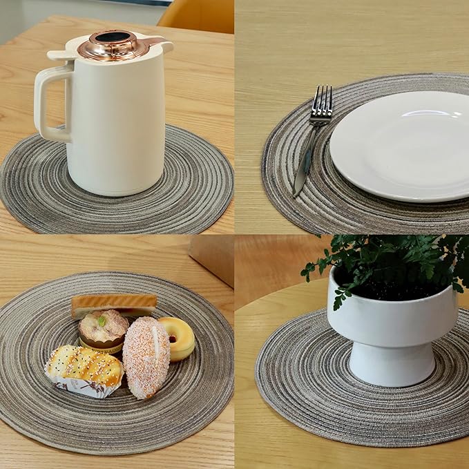 Youyi Round Braided Placemats Set of 8, 15 Inch Place Mats Washable Heat Stain Resistant Resistant Non-Slip Modern Farmhouse Table Mats for Kitchen Decor, Light Gray
