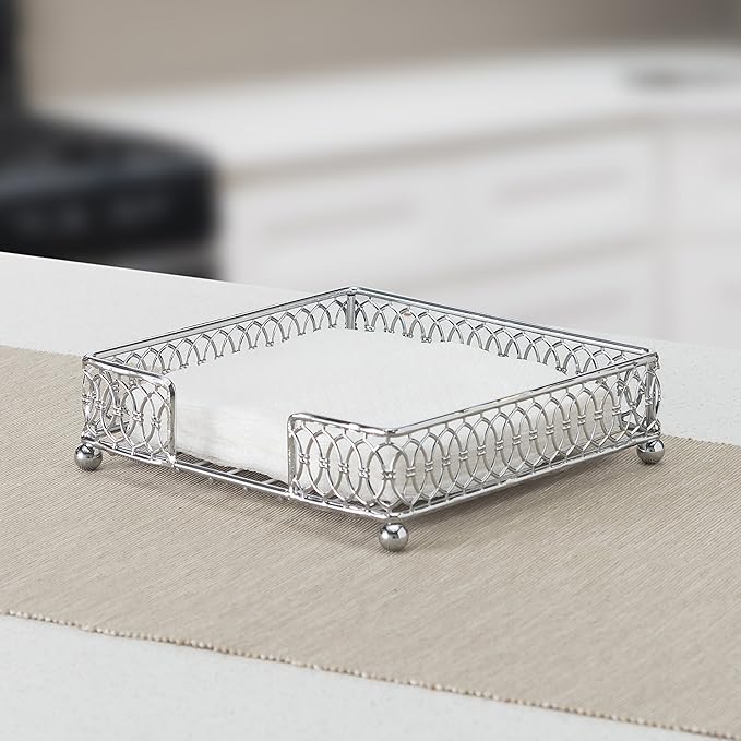 Home Basics Chrome Plated Steel Infinity Collection Flat Napkin Holder Organizing Stand, Elegant Design, Silver Chrome