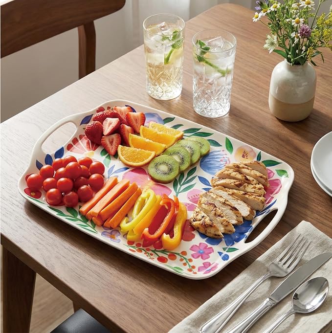 TP Large Serving Trays with Handles, 19" x 12" Melamine Serving Platters for Food, Turkey, Set of 2 Rectangular Trays for Party, Floral