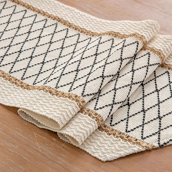Table Runner, Boho Style with Tassels, Cotton & Linen, Farmhouse Home Decor for Living Room Dresser Scarfs (12x36Inch, Black & Beige)