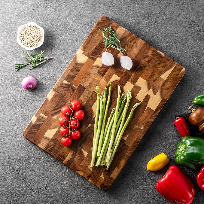 James.F Wood Cutting Board for Kitchen with Side Handles,End Grain Cutting Boards, Acacia Wooden Butcher Block, Large Chopping Board for Meat Bread Cheese(15.74"x11"x1")