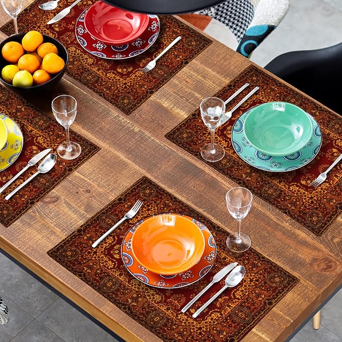 Red Gold Boho Placemats Set of 4 Bohemian Vintage Retro Rug Carpet Linen Washable Kitchen Dining Table Mats Stain Heat-Resistant Desktop Decor Place Mats for Home Party Indoor 12x18 in