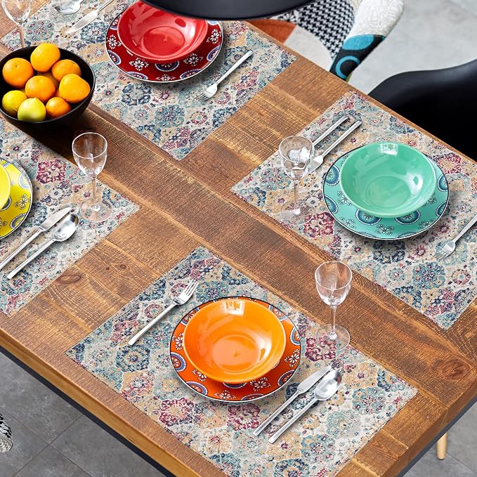 Ethnic Boho Placemats Set of 4 Bohemian Carpet Vintage Rust Coral Floral Carpet Linen Washable Kitchen Dining Table Mats Stain Heat-Resistant Desktop Decor Place Mats 12x18 in