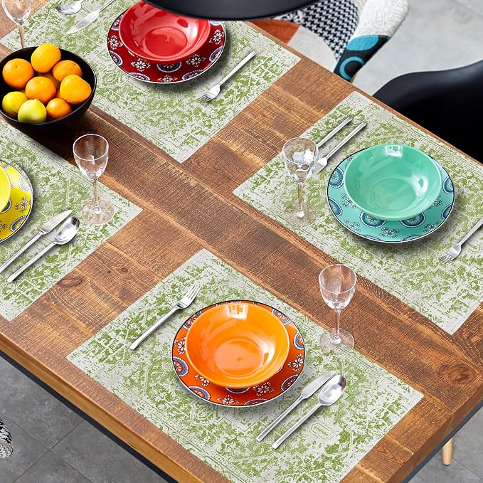 Gray Lime Green Boho Placemats Set of 4 Ethnic Bohemian Carpet Place Mats Washable Kitchen Dining Vintage Grey Geography Floral Linen Table Mats Stain Heat-Resistant for Home Party Indoor 12x18 in