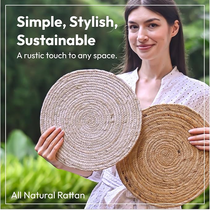 Round Woven 13" Rattan Placemats Set of 6, Made in Indonesia, Handwoven Heat-Resistant Table Mats, Eco-Friendly Boho Farmhouse Decor, Natural Wicker Chargers for Dinner Plates (Honey)