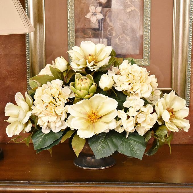 Cream Magnolia and Hydrangea Silk Floral Centerpiece