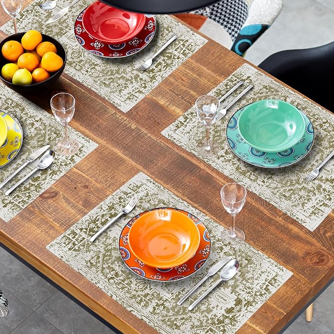 Gray Olive Green Boho Placemats Set of 6 Ethnic Bohemian Carpet Place Mats Washable Kitchen Dining Vintage Grey Geography Floral Linen Table Mats Stain Heat-Resistant for Home Party Indoor 12x18 in