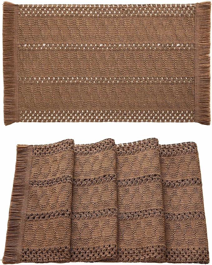 ZeeMart Macrame Style Boho Placemats Set of 4, Caramel 12x20 Inch | Decorative Farmhouse Table Mats, Natural Cotton Woven Place Mats, Bohemian Home Decor for Kitchen Dining Table