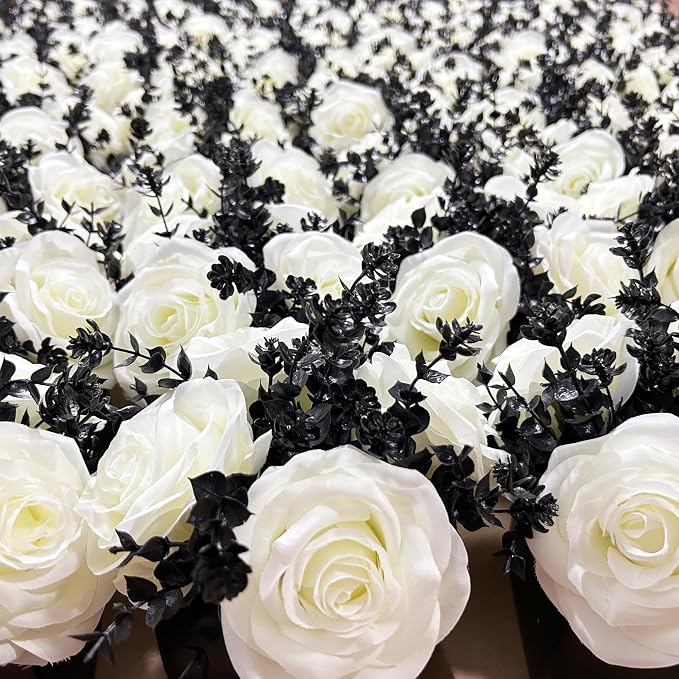 LADADA Artificial Flowers with Small Ceramic Vases | Roses in Vases Plastic Artificial Flowers and Plants,Used for Home Office Wedding Decoration(white + black)